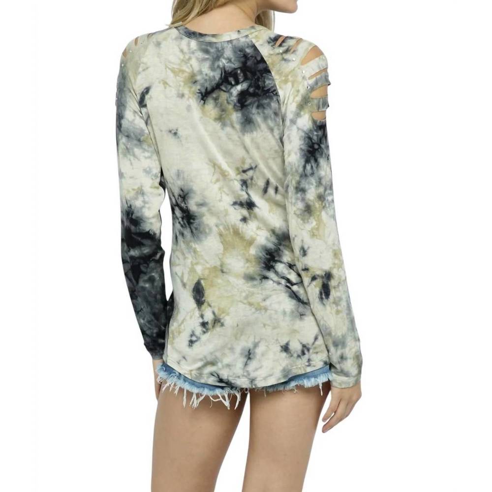 NEW VOCAL APPAREL tie dye stud sliced long sleeve top in natural/black - Picture 3 of 4